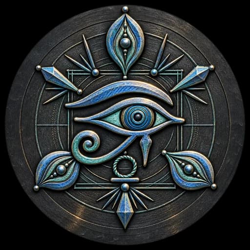 Lead Bastion — an amulet in slate and blue-green, an Eye of Horus over three lesser eyes.