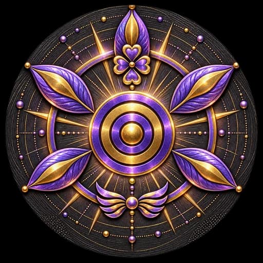 High Beacon — a talisman in violet and gold, a ringed beacon at the centre of a leafed cross.