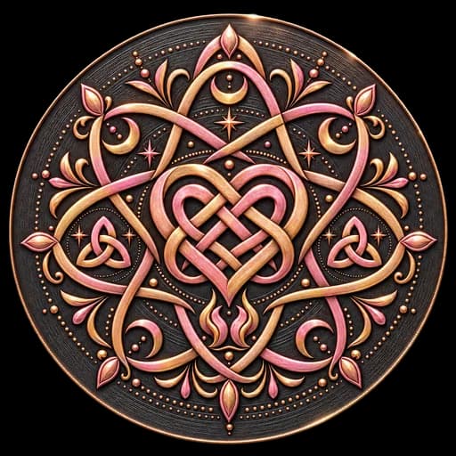 Cherished Bond — a talisman in copper and rose, a woven heart knot flanked by triquetras.