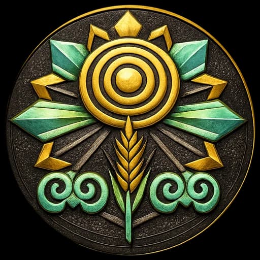 Open Granary — a talisman in jade and gold, a rayed sun above an ear of wheat between two spirals.