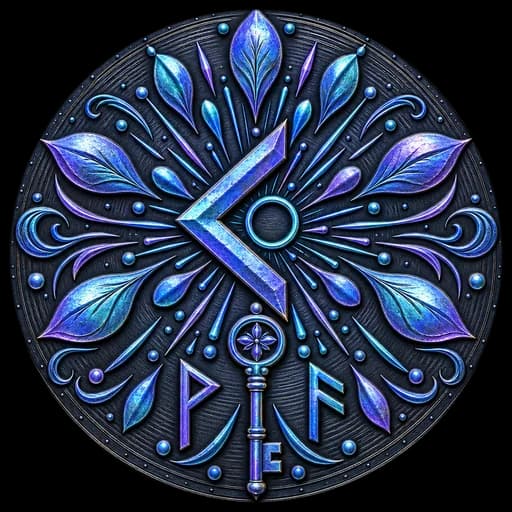 Kindled Key — a talisman in ice-blue and violet, a Kenaz rune over a key, ringed with feathered leaves.