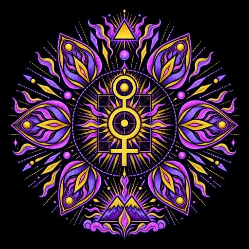 Worthy Practice — a talisman in violet and yellow ink, a rayed glyph in a ruled square above a mountain.
