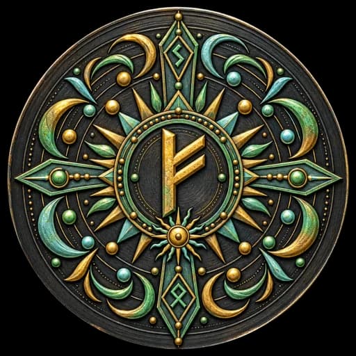 Clear Purse — a talisman in gold and sea-green, a Fehu rune in a sunburst between crescent moons.