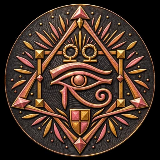 Inner Rampart — an amulet in copper and rose, an Eye of Horus inside a triangle of palm fronds.