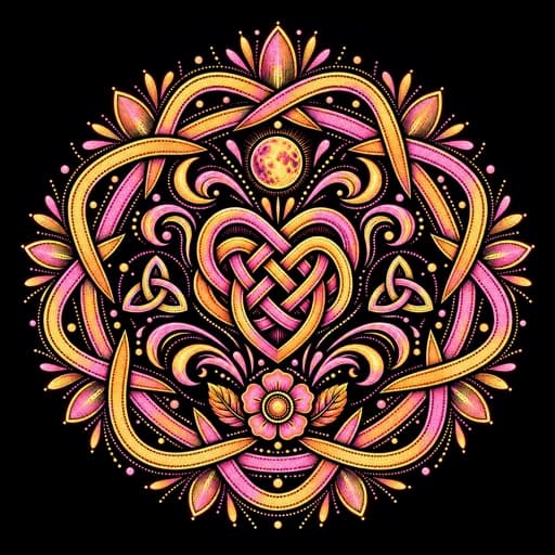 Tender Welcome — a talisman in pink and gold ink, an interlaced heart under a full moon.