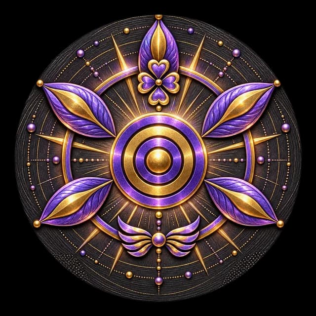 A calm talisman — concentric gold rings among violet petals.