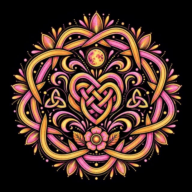 A love talisman — an interlaced heart knot struck in pink and gold.