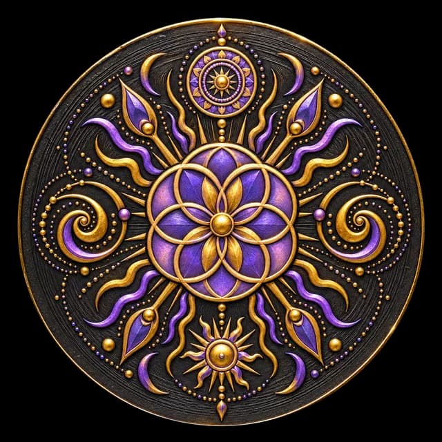 A luck talisman — a gold and violet rosette among engraved sun rays and spirals.
