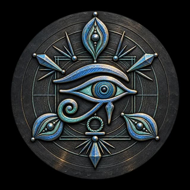 An amulet against negativity — an Eye of Horus engraved in steel blue.
