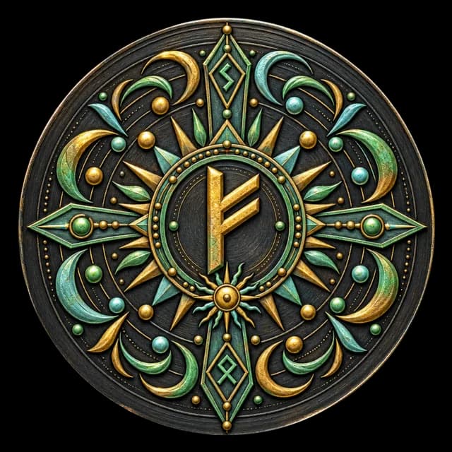 A wealth talisman — a Fehu rune in a gold sunburst between crescent moons.